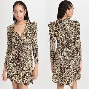 NWT A.L.C. Marcie Silk Long-Sleeve Ruched Fit and Flare Golden Haz Mini Dress